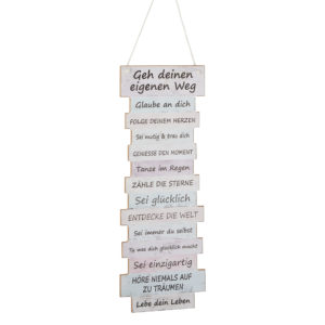 Bild zum Aufhängen in pastellfarbener Plankenform mit Text: Geh Deinen eigenen Weg