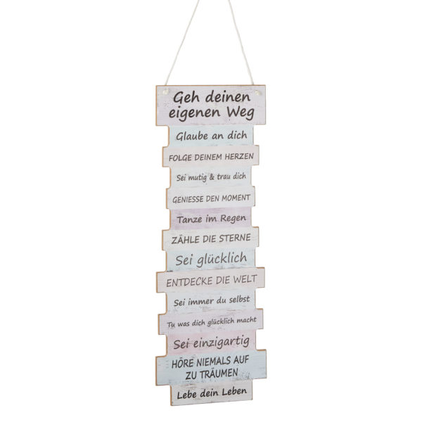 Bild zum Aufhängen in pastellfarbener Plankenform mit Text: Geh Deinen eigenen Weg