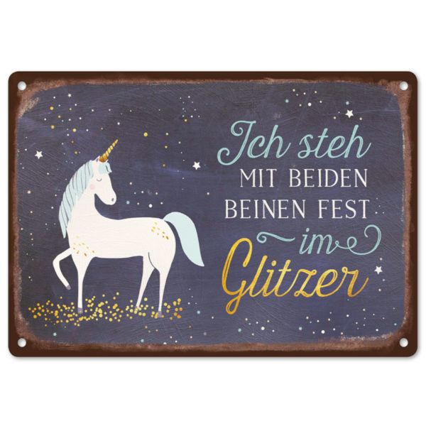 Schild Metall<br> Ich steh mit beiden Beinen fest im Glitzer!