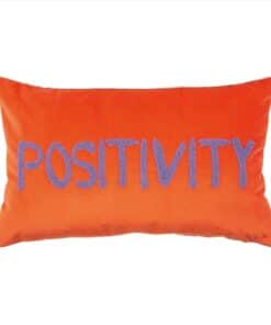 rechteckiger Kissenbezug der Marke PAD in der Farbe Orange mit dem lilanen Schriftzug Positivity