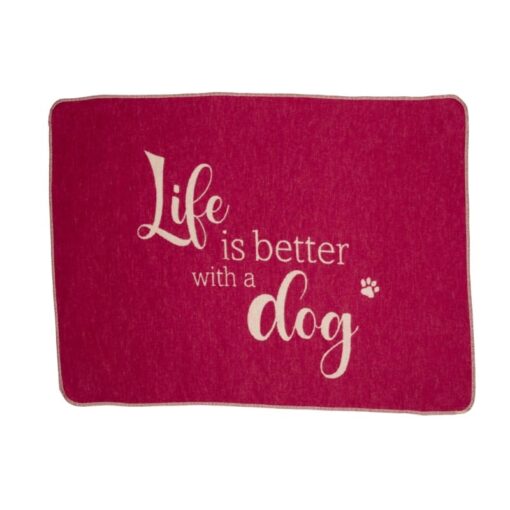 Hundedecke "life is better" in pink mit Motiv Hundepfoten von der Marke Fussenegger