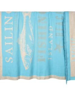 Decke "Sea" in der Farbe Türkis und Grau der Marke PAD mit Fischmotiv und maritimen Schriftzügen