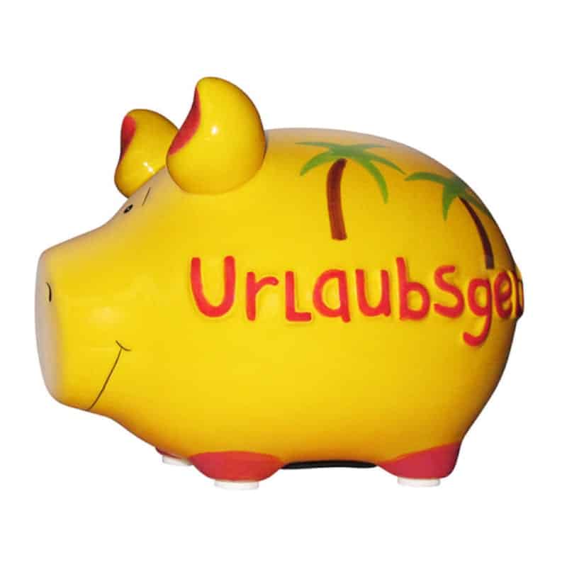 Gelbes Sparschwein mit der Aufschrift Urlaubsgeld und einem Palmen motiv aus Keramik